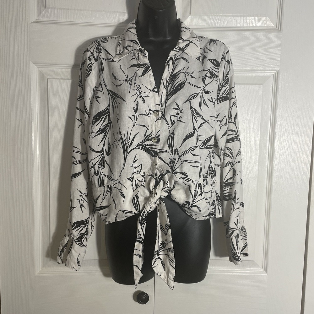 Rachel Zoe Linen Blend Shirt Women L White Black Floral‎ Tied Knot Button Up Top